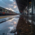 Sunset Reflection on a Rainy Train Station Platform Royalty Free Stock Photo