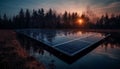 Sunset reflection on solar panel farm generates sustainable energy for industry generated by AI