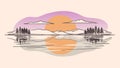Serene Sunset Landscape Peaceful Lake Mountains Trees Nature Illustration art sky calm water hills Royalty Free Stock Photo