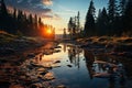 Sunset Reflection in a Tranquil Forest Stream. Generative AI Royalty Free Stock Photo