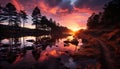 Sunset reflection on tranquil pond in forest generated by AI Royalty Free Stock Photo