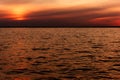 Sunset reflection in water, Background of the water surface at sunset, Scarlet dawn or sunset on a lake landscape, golden sunrise