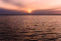 Sunset reflection in water, Background of the water surface at sunset, Scarlet dawn or sunset on a lake landscape, golden sunrise