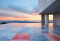 Sunset Reflections: A breathtaking view of a vibrant sunset reflected on the glossy floor and glass windows of a modern building Royalty Free Stock Photo