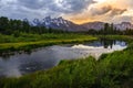 Sunset Reflections on the Grand Teton Range from Schwabacher Landing Royalty Free Stock Photo