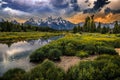 Sunset Reflections on the Grand Teton Range from Schwabacher Landing Royalty Free Stock Photo