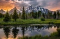 Sunset Reflections on the Grand Teton Range from Schwabacher Landing Royalty Free Stock Photo