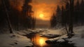 Sunset Reflections: A Majestic Winter Scene of a Giant Sun Over