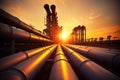 Sunset Reflections, Serene Beauty of Pipeline and Pipe Rack at a Petroleum Industrial Plant. Generative AI