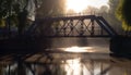 Sunset reflects on man made bridge, steel and architecture meet nature generated by AI