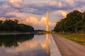 Sunset reflects Washington Monument in pool by Lincoln Memorial, Washington, DC