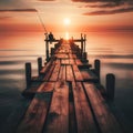 Sunset Retreat: Relaxing on Old Wooden Bridge, Mountains Kiss the Sea. Royalty Free Stock Photo