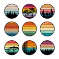 Sunset retro badges. 90s vintage stylized colored gradients templates for labels design grunge surfing ocean logos Royalty Free Stock Photo