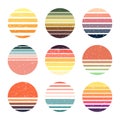 Sunset retro gradient badges, circle sunrise emblems. Grunge abstract round gradient elements, sunset texture stamps flat vector Royalty Free Stock Photo