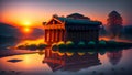Sunset Reverie: Illustration of an Ancient Greek Temple by the Ocean at Sunset