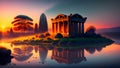 Sunset Reverie: Illustration of an Ancient Greek Temple by the Ocean at Sunset