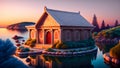 Sunset Reverie: Illustration of an Ancient Greek Temple by the Ocean at Sunset