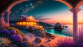 Sunset Reverie: Illustration of an Ancient Greek Temple by the Ocean at Sunset