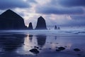 Sunset at Reynisfjara Beach, Iceland, Europe, Cannon Beach Dusk Solitude. Evening twilight at Haystack Rock in Cannon Beach,