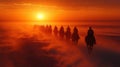 Sunset riders traverse misty plains Royalty Free Stock Photo