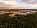 Sunset River Aerial Landscape Cinematic Drone Footage. Flying above Dniestr river in Ukraine or Moldova with forests and Royalty Free Stock Photo
