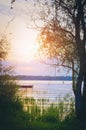 Sunset on the river - a beautiful evening summer landscape. Russia. Vertical photography Royalty Free Stock Photo