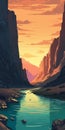 Sunset River In Canyon Illustration