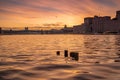 Sunset on the river in the city of Moscow. Fragments of pipes stick out of the water. A seagull flies in the sunset sky.