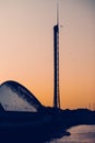 Sunset on the River Clyde With the Glasgow Tower and Science Centre Silhouetted in Glasgow Scotland Royalty Free Stock Photo