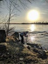 Sunset River Fishing Spring Season Melting Ice Blocks