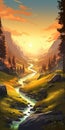 Sunset River In Forest: 2d Game Art Style