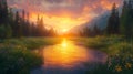 Sunset River Meadow Mountain Landscape Royalty Free Stock Photo