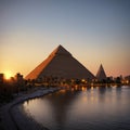 Sunset river Nile with white yacht background egyptian pyramid Cairo, Egypt. made with Generative AI