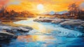 Sunset River On Rocks: Futuristic Orange And Cyan Oil Painting Royalty Free Stock Photo