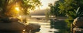 Sunset by the river with rocks and lush foliage. Peaceful nature and relaxation concept. Design for spa, mindfulness Royalty Free Stock Photo