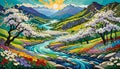 Sunset river stream valley flower tree blossom mountain range beauty