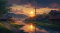 Sunset River Village Mosque Landscape Illustration Royalty Free Stock Photo