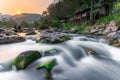 Sunset River Waterfall There are mosses on the rocks. During the summer, the water recedes