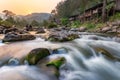 The dry river has many boulders and green moss grows on the rocks in summer Royalty Free Stock Photo