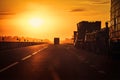 Sunset on the road. Cargo transportation, windscreen view