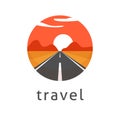 Sunset road desert trip logo vector with highway travel icon or journey sunrise landscape to mountain circle round logotype flat