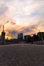 Sunset on the road and street with the architecture of new residential buildings in Moscow Royalty Free Stock Photo