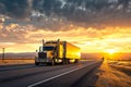 Sunset Road Trip: Big Rig Truck Traveling on Highway Wallpaper and Design, Generative AI