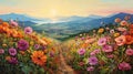 The Sunset Road: A Vibrant Painting Of Flowers On A Path