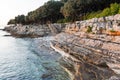 Sunset rocky beach in Istria, Croatia. Royalty Free Stock Photo