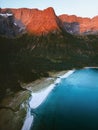 Sunset rocky mountains and beach sea aerial view nature in Norway landscape travel beautiful destinations Royalty Free Stock Photo