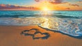 Sunset romance two hearts on sandy paradise beach, romantic getaway, Ai Generated