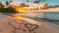 Sunset romance two hearts on sandy paradise beach, romantic getaway, Ai Generated