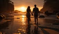 Sunset romance Two people embrace, walking on tranquil coastline generated by AI Royalty Free Stock Photo