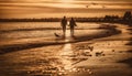 Sunset romance two people walking on water edge, enjoying nature generated by AI Royalty Free Stock Photo